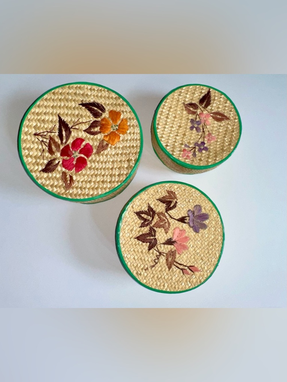 Vintage Embroidered Round Raffia and Woven Straw Sewing Nesting Boxes